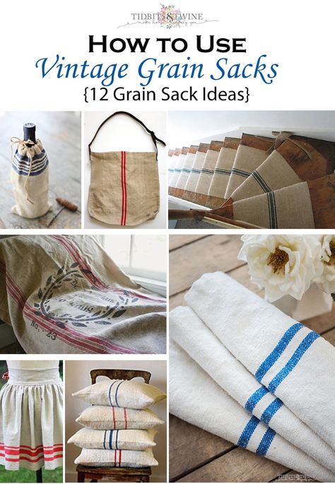 Here's a little inspiration for how to use French grain sacks in your home. Ideas for decorating and crafting with these vintage beauties. Feed Sacks Ideas, Flour Sack Crafts, Flour Sacks, Vintage Grain Sack, French Crafts, Apartment Hacks, Antique Booth, Farmhouse Crafts, How To Make Banners