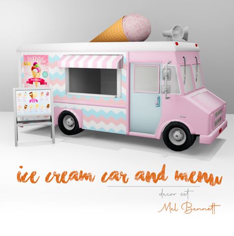 Sims 4 Ice Cream Car and Menu - Mel Bennett The Sims 4 Pack, Sims 4 Restaurant, Ice Cream Car, Legacy Challenge, Cream Car, Ts4 Poses, Cream Decor, Sims Packs, Summer Furniture