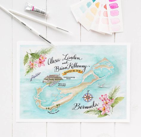 Bermuda Watercolor Wedding Map by NooneyArt Designs Wedding Map Illustration, Palm Tree Wedding Invitations, Watercolor Wedding Map, Bermuda Wedding, Custom Wedding Map, Beachy Wedding, Key West Wedding, Bespoke Wedding Invitations, Tropical Wedding Invitations