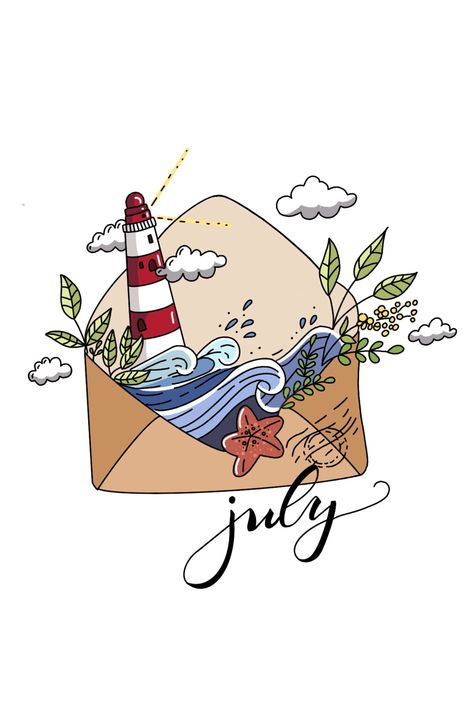 July Aesthetic Month, Month Drawings, August Doodles, August Drawing, July Stickers, July Bullet Journal, Book Reading Journal, Bullet Journal Ideas Templates, Creating A Bullet Journal