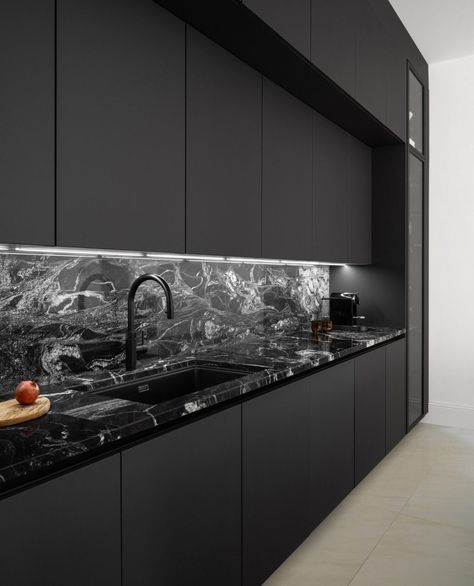 31 Black Kitchen Ideas for Chic & Versatile Cooking Spaces - placeideal.com Black And Gray Kitchen, Black And Grey Kitchen, Black Kitchen Ideas, Black Kitchen Countertops, Kitchen Design Countertops, Color Combinations Home, Серая Кухня, Elegant Kitchen Design, Renovation Kitchen