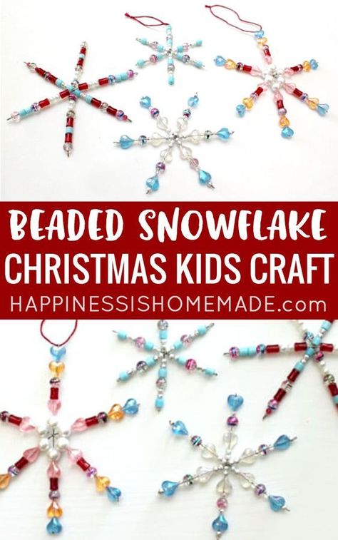 Crafts For Adults Christmas, Snowflake Ornaments Diy, Kids Christmas Craft, Beaded Ornaments Diy, Beaded Snowflakes Ornament, Beaded Snowflake, Diy Beaded Ornaments, Christmas Crafts To Sell, Preschool Christmas Crafts