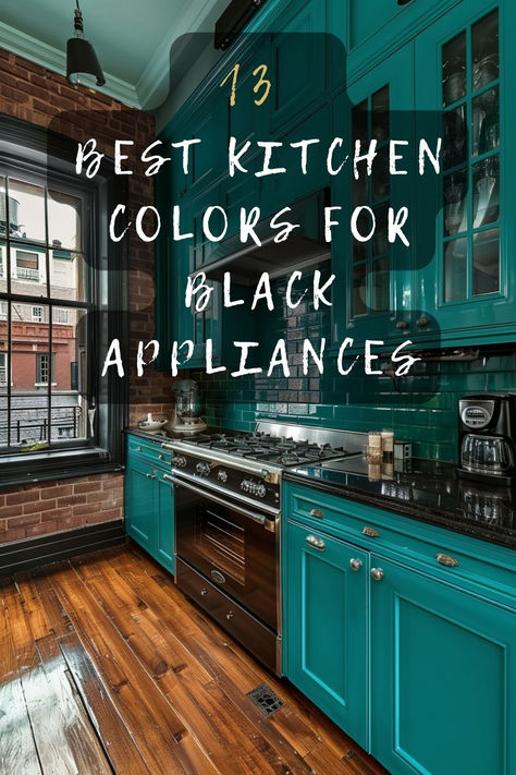 Wondering what colors go best with black appliances? Discover 12 kitchen color ideas that create a stunning and cohesive look. From bold hues to neutrals, find the perfect match for your space. Click to explore! 🌟🏡 #KitchenColors #BlackAppliances #HomeDecor #InteriorDesign #ColorInspo Two Tone Kitchen Cabinets With Black Appliances, Small Kitchen Ideas With Black Appliances, What Color Cabinets Go With Black Appliances, Kitchen Design Black Appliances, Small Kitchen Black Appliances, Kitchen Design With Black Appliances, Kitchen With Dark Appliances, Black Kitchen Appliances Decor, Cafe Matte Black Appliances