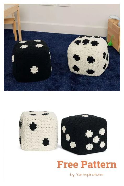 Dice Pillow Free Knitting Pattern Crochet Pillow Designs, Crochet Dice Pillow, Crochet Free Pillow Pattern, Crochet Dice Pattern, Crochet Back Pillow, Crocheted Rugs Patterns Free, Cool Crochet Pillows, Dice Crochet Pattern, Dice Pillows