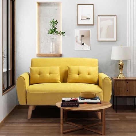 $184.99; 47" Small Modern Loveseat Couch Sofa, Fabric Upholstered 2-Seat Sofa, Love Seat Furniture with 2 Pillows, Wood Leg for Small Space, Living Room, Bedroom, Apartment, Yellow Small Couch Tiny Apartments, Tiny Sofa, Loveseat Couch, Small Loveseat, Mini Couch, Mini Sofa, Small Couch, Space Living Room, Energy Bar