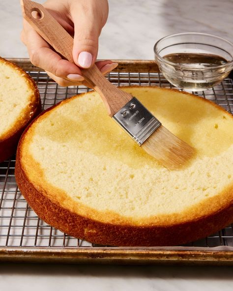 Baker brushing simple syrup cake soak onto round cake layer Simple Syrup For Cakes, Cake Soak, King Arthur Recipes, Syrup Cake, Baking School, King Arthur Baking, Simple Syrup Recipes, Blueberry Lemon Cake, Cake Stuff