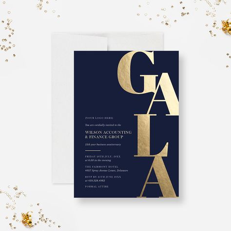 This gala invitation card is perfect for inviting guests to a formal event and making a great impression. With a design exuding elegance and simplicity, this invitation features a sleek navy blue background, paired with striking typography.This invitation is suitable for galas, anniversary parties, dinner parties, and similar work functions.The card reads: Gala (This text can be edited to suit your event. Keep in mind that the main title must be short for best results) Please note the gold is no Work Invitation Design, Corporate Anniversary Invitation, Formal Event Invitation Design, 30th Birthday Gala, Professional Invitation Design, Navy And Gold Invitations, Invitation Card Design Elegant, Formal Party Invitation, Formal Gala Invitation