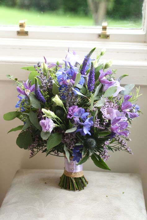 Veronica Flower Bouquet, Limonium Flower Bouquet, Lilac And Blue Wedding, Clematis Wedding, Clematis Bouquet, Lavender Delphinium, Eustoma Bouquet, March Wedding Flowers, Marquee Wedding Decoration