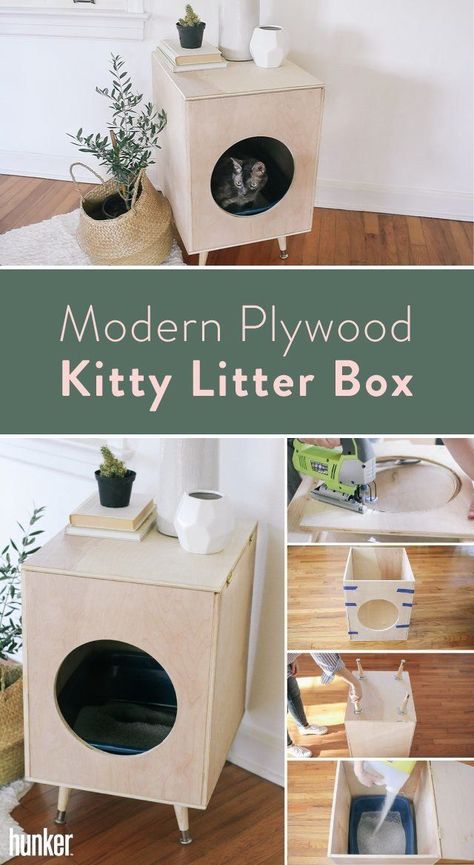 Scandinavian style litter box! Don't just try hiding your cat's litter box, make it part of your decor with this easy DIY. Wood Litter Box Diy, Creative Ways To Hide Litter Boxes, Cat Litter Box Diy, Hiding Cat Litter Box, Diy Litter Box, Katt Grejer, Kat Diy, Chat Diy, Dog Kennel Cover