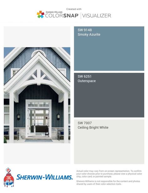 love the entry architecture Blue Exterior Color Schemes, Exterior Blue Grey House Colors, Exterior Colors For Small Houses, Sherwin Williams Blue Exterior Paint, Entry Architecture, Outside House Paint, Outside House Colors, Exterior Paint Schemes, House Paint Color Combination