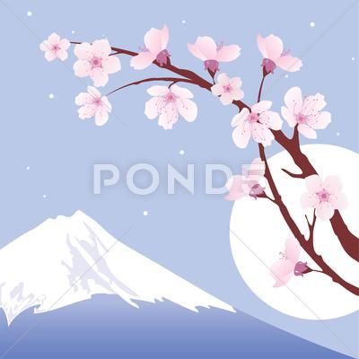 Vector Mount Fuji, moon and branches of sakura (cherry) Stock Illustration #AD ,#Fuji#moon#Vector#Mount Mount Fuji Sakura, Sewing Fun, Wall Stencil, Doodle Lettering, Mount Fuji, Crepe Paper, Art Challenge, Painting Tips, Gallery Frame