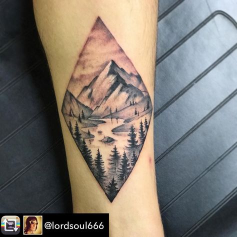 Diamond Nature Scene Tattoo, Mountain Diamond Tattoo, Black And Grey Mountain Tattoo, Crater Lake Tattoo, River Scene Tattoo, Diamond Nature Tattoo, Mountain Path Tattoo, Diamond Mountain Tattoo, River Tatoos Ideas