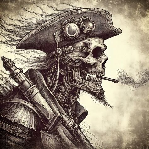 Pirate Skull Drawing, Skull Pirate Tattoo, Pirate Tattoo Design, Drawing Pirate, Pirate Themed Tattoos, Pirates Tattoo, Steampunk Art Drawing, Pirate Tattoos, Pirate Ghost