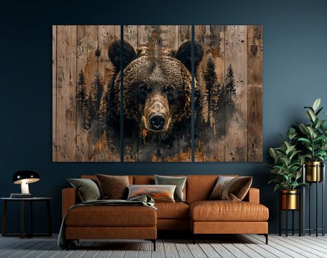 Rustic Brown Bear Canvas Wall Art Abstract Pine Trees Wooden Background Painting Print Grizzly Farmhouse Decor Animal Poster Ready to Hang Regarding Our Merchandise: * We handcraft our products using premium materials in our in-house production facility and deliver them directly to your doorstep. * Expertly crafted by skilled artisans. Custom-made to suit your preferences. * We imprint high-quality canvas with a weight of 340g/sqm using top-tier printing equipment and eco-friendly inks, ensuring Bear Pictures Art, Mens Home Decor Masculine Interior, Mountain Murals, Rustic Cabin Wall Decor, Black Bear Art, Cabin Decorating, Cabin Wall Decor, Bear Canvas, Carving Sculpture