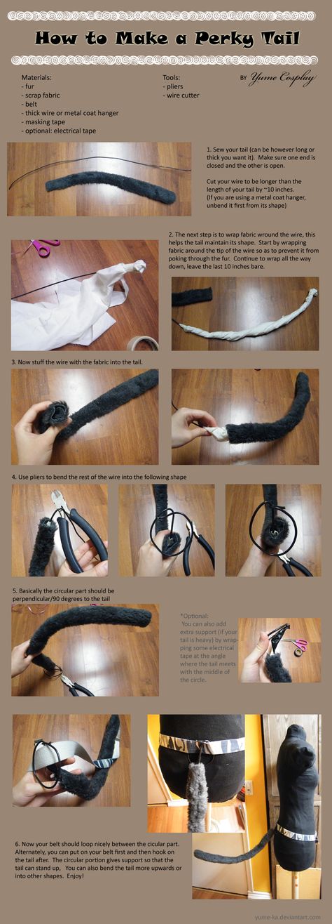 This cat tail tutorial was created by Yuma-ka and is fairly simple and inexpensive! Halloween idea? Click to enlarge! Hope this helps! :D Cat Tail Diy, Cat Tail Costume, Tail Tutorial, Cat Costume Kids, Metal Coat Hangers, Diy Kostüm, Cosplay Tutorial, Cat Tail, Cosplay Diy