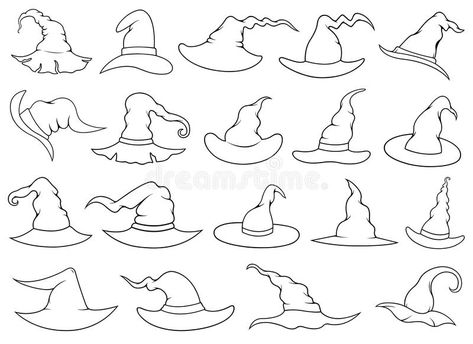 Set of different witch hats vector illustration Fine Line Witch Hat Tattoo, Simple Witch Hat Tattoo, Witch Hat Tattoo Small, Witch Hats Drawings, Witch Hat Outline, Cute Witch Hat Drawing, How To Draw A Witch Hat, Wizard Hat Tattoo, Witches Hat Doodle