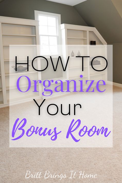 This post has some great bonus room ideas to help you organize your bonus and make it functional! They helped me get my bonus room looking good! How To Decorate Bonus Room Above Garage, Cool Bonus Room Ideas, Bonus Room Craft Room, Office Bonus Room Ideas, Bonus Room Playroom Layout, Farmhouse Bonus Room Ideas, Bonus Room Bookshelves, Bonus Room Organization, Bonus Room Storage Ideas Built Ins