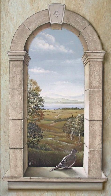 Arched Window with Dove | The trompe l'oeil window was paint… | Flickr Garden Mural, Wall Murals Painted, Faux Painting, Arched Windows, Window Painting, Open Window, Mural Painting, Mural Art, Window Sill