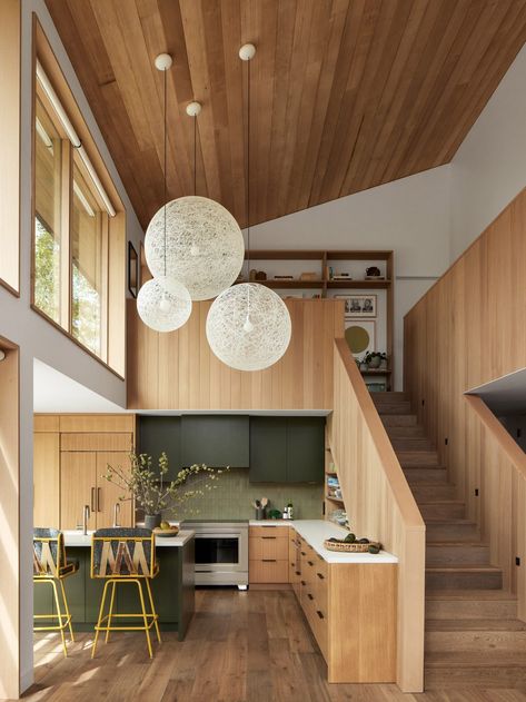 Feldman Architecture updates 1970s home in coastal California Beach Mid Century Modern, Scandinavian Cabin Interior, Cabin Interior Ideas, Green Kitchen Cabinet, Olive Green Kitchen, Scandinavian Cabin, House App, Dream House Aesthetic, Beach House Living Room