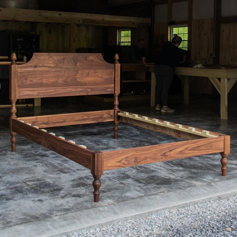 SHAPED HEADBOARD LIBBY Platform Bed Frame Walnut Hardwoods Turned Legs With Acorn Tops 22 Headboard Slats Optional - Etsy Vintage Bed Frame Wooden Rustic, King Bed Wood Frame, Wood Carved Bed Frame, Antique Wood Headboard, Cabin Bedframe, Rustic Headboards, Wooden Headboards, Walnut Bed Frame, Headboard Shapes