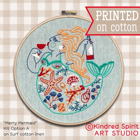 Mermaid Embroidery, Diy Summer Crafts, Learning To Embroider, Kindred Spirit, Spirit Art, Sea Design, Hand Embroidery Kit, Quick Stitch, Wine Design