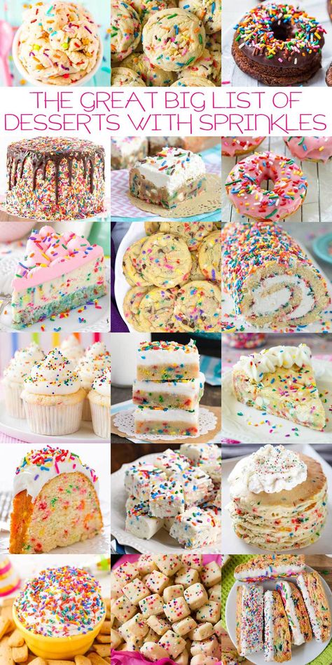 The Great Big List of Desserts with Sprinkles - 100+ vibrant, sweet, and delectable desserts with sprinkles. #sarahsbakestudio #sprinklesdesserts #sprinkles #dessertswithsprinkles #reciperoundup #sweetcollection Sprinkle Shower Dessert Table, Two Sweet Birthday Desserts, Food With Sprinkles, Sprinkled With Love Cake, Dessert With Sprinkles, Sprinkled With Love Cookies, Baby Sprinkle Desserts, Sprinkle Food Ideas, Sprinkle Snacks