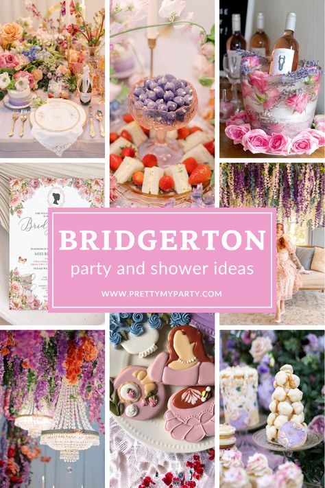 The Best Bridgerton Party and Shower Ideas - food, decor, tablescapes, favors, games, and more on www.prettymyparty.com. Bridgeton Party Decorations, Bridgerton Bridal Tea Party, Bridgerton 1st Birthday, Brigerton Foods, Bridgerton Themed Party Favors, Brighton Themed Party, Bridgerton Dessert Ideas, Bridgerton Theme Baby Shower Ideas, Bridgerton Themed Baby Shower Ideas