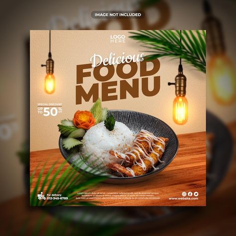 PSD delicious food menu social media pos... | Premium Psd #Freepik #psd #food-poster #food-design #restaurant-poster #food-template Poster Restaurant Design, Restaurant Posts Social Media, Food Poster Design Layout, Food Poster Design Graphics, Food Design Poster, Food Post Design, Restaurant Poster Design, Restaurant Brand Design, Interior Design Poster