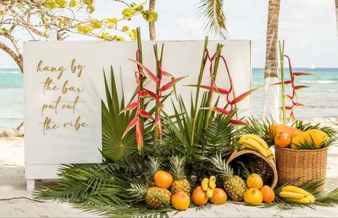 Tropical Fruit Arrangement, Tropical Theme Corporate Event, Tropical Fruit Wedding, Bird Of Paradise Wedding, Pelamin Nikah, Coconut Bar, Tropical Paradise Beach, Filipiniana Wedding, Tropical Wedding Theme