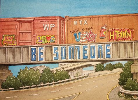 Be Someone – Houston, Texas – Watercolor – The Market at Sawyer Yards Texas Watercolor, Texas Lone Star, Houston Art, Texas Houston, Texas Art, Graffiti Artwork, Downtown Houston, Train Art, Pop Art Wallpaper