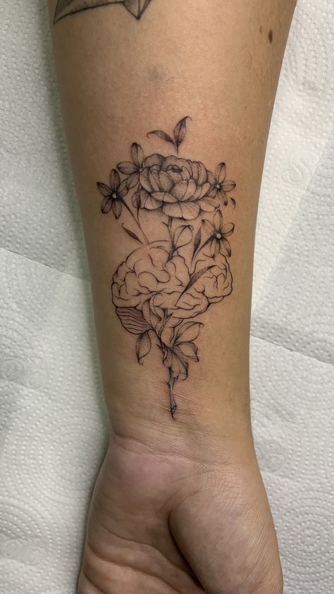 Personal Growth Tattoo Designs, Flowers Growing Out Of Brain Tattoo, Brain Tattoo Ideas Design, You Are Enough With Flower Tattoo, Neurology Tattoo Ideas, Anatomical Brain Tattoo With Flowers, Mom Brain Tattoo, Beautiful Brain Tattoo, Counseling Tattoo