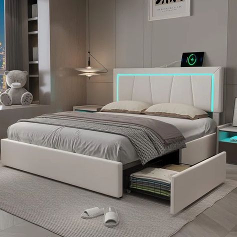 Jacobah Upholstered Storage Bed Led Bed Headboard, Led Queen Bed Frame, Teen Boy White Bed, White And Light Grey Bed, White Queen Bedroom Furniture With Lights On Headboard, Tik Tok Bed Frame, White Beds With Led Lights, Ikea Malm Bed Led Lights, Beds With Led Lights Bed Frames