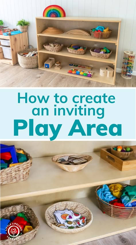 How to create a purposeful play space by Little Lifelong Learners. Learn how to organize your kids' play area to encourage authentic, child-led play! I'm sharing easy playroom organization ideas to reduce toy overwhelm and help you create a purposeful play area that is accessible and inviting to your little learners. Read the blog post to learn how to evaluate and simplify your kids' play area! Simple Play Corner Ideas, Play Area Organization Small Spaces, Office Kids Play Area, One Year Old Play Area, Small Playroom Organization Ideas, Functional Playroom Ideas, Learning Corners Preschool, Prek Room Set Up Ideas, Reading Corner Ideas For Kids