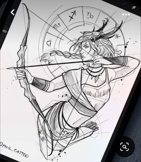 Sagittarius Drawing Art, Female Archer Tattoo, Sagittarius Goddess Tattoo, Tattoo Sagittarius, Artemis Tattoo, Sagittarius Tattoo Designs, Sagittarius Art, Sagittarius Tattoo, Mythology Tattoos