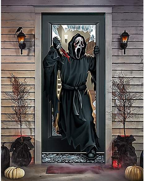 Ghost Face Door Cover - Spirithalloween.com Ghost Face Door Decoration, Halloween House Exterior, Halloween Door Decorations Contest, Disney Baby Costumes, Horror Room, House Of Horrors, Outdoor Halloween Decorations, Spider Web Decoration, Horror Costume