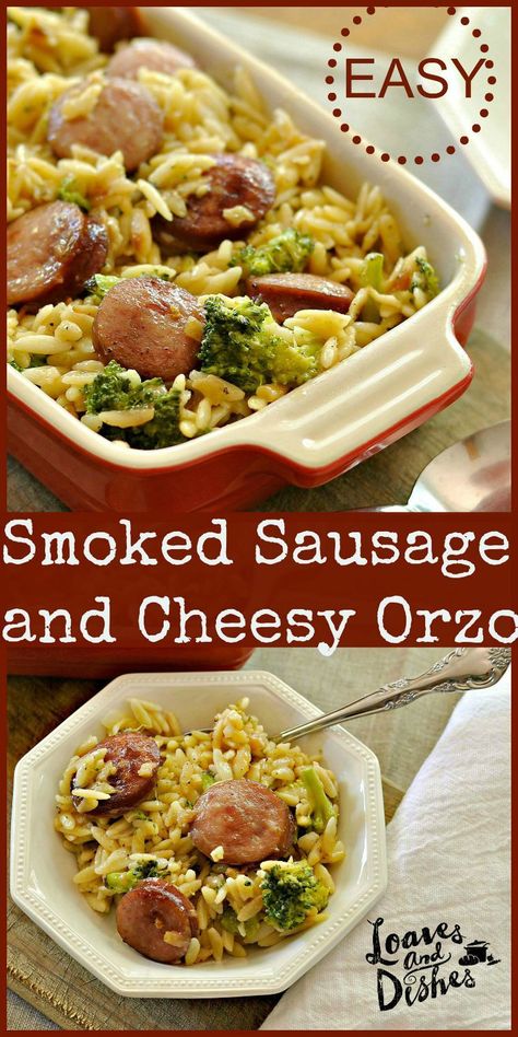 Smoked Sausage and Cheesy Orzo @loavesanddishes.net Orzo Easy, Sausage Ideas, Sunday Dinner Ideas Families, Cheesy Orzo, Sunday Dinner Ideas, Tonights Dinner, Breakfast Meat, Orzo Recipes, Kielbasa