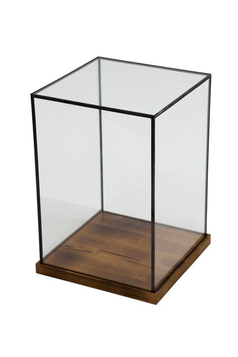 Tall glass display case with lead piping and wooden base Glass Box Design, Table Merchandising, Glass Box Display, Watches Display, Merchandise Display, Glass Display Box, Indian Wall Decor, Short Glass, Glass Display Case