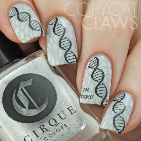 Stamping DNA double helix onto your nails. Teacher Nail Art, Teacher Nails, School Nail Art, Mens Nails, Crazy Nails, Stamping Nail Art, Great Nails, Nail Art Ideas, Cool Nail Designs