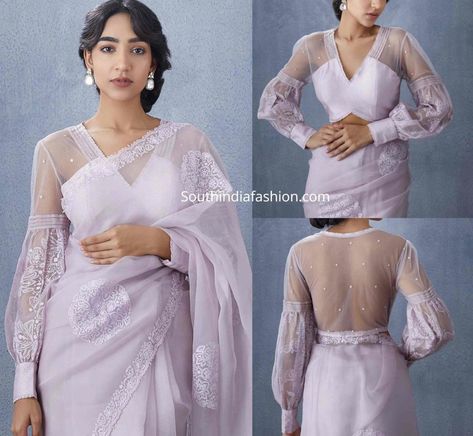 balloon sleeves organza blouse scaled e1585719941125 Organza Blouse Designs Latest, Off Shoulder Saree Blouse, Organza Blouse Designs, Organza Saree Blouse, Full Sleeves Design, Netted Blouse Designs, Asian Clothing, Blouse Ideas, Traditional Blouse Designs