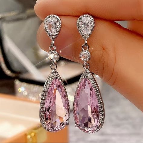 Exquisite Pink Teardrop Zircon Dangle Earrings. Small Teardrop White Zircon On Top With Pink Stone Surrounded By Accent Stones. Pink Diamond Earrings, Teardrop Dangle Earrings, Alloy Earrings, Trendy Earrings, Earring Type, American Diamond, Water Drop, Pink Diamond, Engagement Wedding