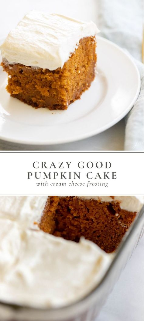 This is an incredibly moist Pumpkin Cake Recipe that is slathered in the most indulgent layer of creamy homemade frosting. This Pumpkin Cake with Cream Cheese Frosting is baked in a standard 9×13 baking dish, and it’s so easy to put together with no decorating skills required. #pumpkin #cake #creamcheese #dessert #pumpkincake #recipe #easyrecipe #fallrecipe Moist Pumpkin Bundt Cake Recipes, Pumpkin Cake Moist, Pumpkin Cake With Buttercream Frosting, Sour Cream Pumpkin Cake, Pumpkin Bundt Cake With Cream Cheese, Pumpkin Cake With Cream Cheese Icing, Pumpkin Layer Cake, Moist Pumpkin Cake, Pumpkin Spice Cake Recipe