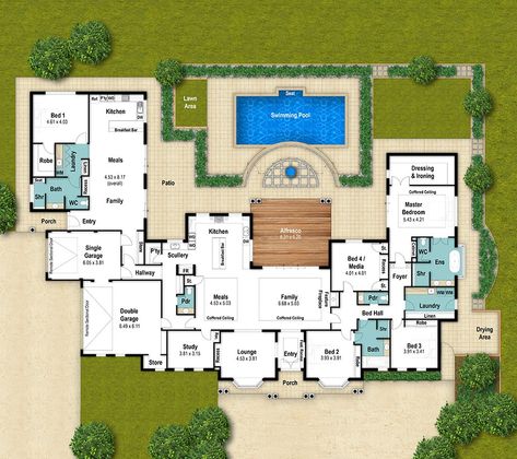 Designed for a rural block, this floor plan is rather spacious. From the entry, one can see right through to the alfresco area to the swimming pool & views beyond. Ideal for those who love entertaining in large numbers, the huge chefs kitchen has you covered. Pool House Connected To Main House, Floor Plan With Pool House, House With Granny Flat Floor Plans, 2 Houses Connected Floor Plans, Two Houses In One Floor Plans, Two Houses Connected Home Plans, 2 Houses Connected, One Storey House Floor Plan, Huge House Floor Plans