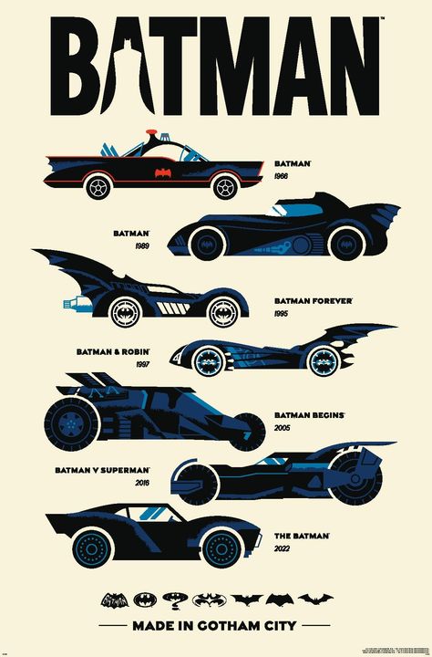 PRICES MAY VARY. This Trends DC Comics Batman: 85th Anniversary - The Batmobiles Made In Gotham Wall Poster uses high-resolution artwork and is printed on PhotoArt Gloss Poster Paper which enhances colors with a high-quality look and feel High-quality art print is ready-to-frame or can be hung on the wall using poster mounts, clips, pushpins, or thumb tacks Made in the USA and Officially Licensed Easily decorate any space to create the perfect decor for a party, bedroom, bathroom, kids room, liv Dc Superheroes Art, Batman Prints, Dc Posters, Dc Poster, Batman And Robin 1997, Comic Batman, Batman Tv Show, Batfamily Funny, Party Bedroom