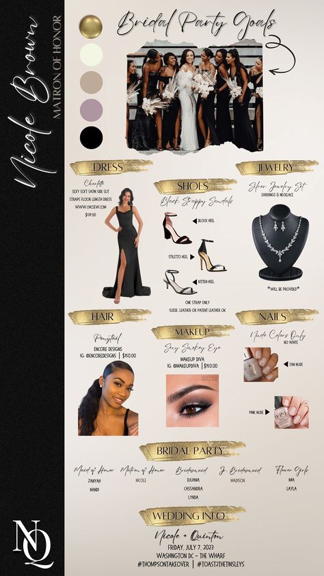 Wedding Bridesmaid Color Schemes, Digital Bridesmaid Proposal, Black And Gold Bridal Party, Bridesmaid Survey, Bridesmaids List, Black And Gold Bridesmaid Dresses, Matron Of Honor Duties, Black People Wedding Ideas Color Schemes, Be My Bridesmaid Ideas