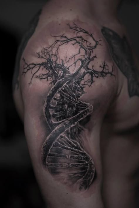 Mechanical Tree Tattoo, Dna Tree Drawing, Dna Tree Tattoo Design, Dna Family Tree Tattoo, Dna Tattoo Men, Tree Of Life Dna Tattoo, Dna Tattoo Family, Tree Of Life Sleeve Tattoo, Dna Tree Tattoo