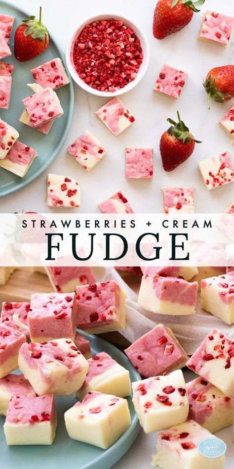 A collection of strawberries and cream fudge Pink Parfait Desserts, Summer Sweets Desserts, Fruity Baking Recipes, Summer Fudge Recipes, Strawberry And Cream Recipes, Summer Baking Recipes Desserts, Rare Desserts, Cake Flavour Combinations, Summer Treats Desserts