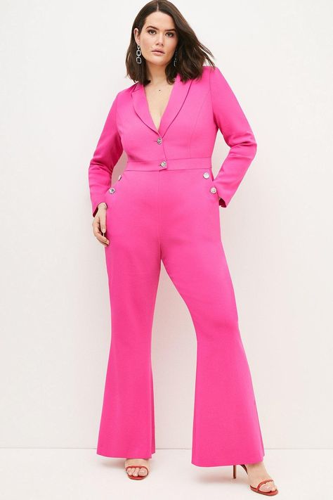 Plus Size Compact Viscose Tailored Jumpsuit | Karen Millen Hot Pink Jumpsuits, Tailored Jumpsuit, Ladies Clothes Fashion, Flare Jumpsuit, Ladies Clothes, Pink Jumpsuit, Metallic Heels, Woven Top, Karen Millen