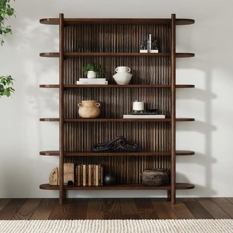 Classic Home Redford 81" Mango Wood Bookcase - Bed Bath & Beyond - 40495673 Mid Century Modern Library Room, Standing Shelves Living Room, Bookcases In Living Room, Studio Furnishing, Modern Organic Office, Classic Home Interiors, Modern Bookcase Design, Living Room Bookshelves, Modern Bookshelf Design