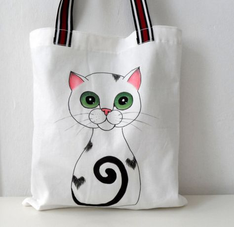 Gifts Illustration, Canvas Bag Design, Illustration Cat, Cat Tote Bag, Handpainted Bags, Painted Tote, Painted Bags, Cats Tote Bag, Cat Tote