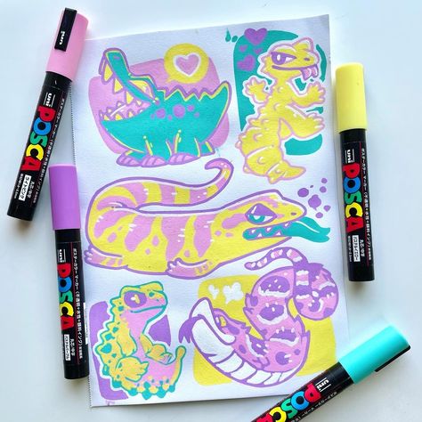 Posca practice! Which critter is your favorite? I really love how the hot nose came out! I loveee these pastel colors I got. #posca pens#posca#paint markers#traditional art#reptiles#alligator#leopard gecko#hognose snake#blue tongue skink Posca Pens Art Pastel, Posca Art Animals, Pastel Posca Art, Pastel Marker Art, Posca Color Palette, Cute Posca Art, Posca Pens Art Simple, Posca Paint Pens Art, Things To Draw With Posca Pens